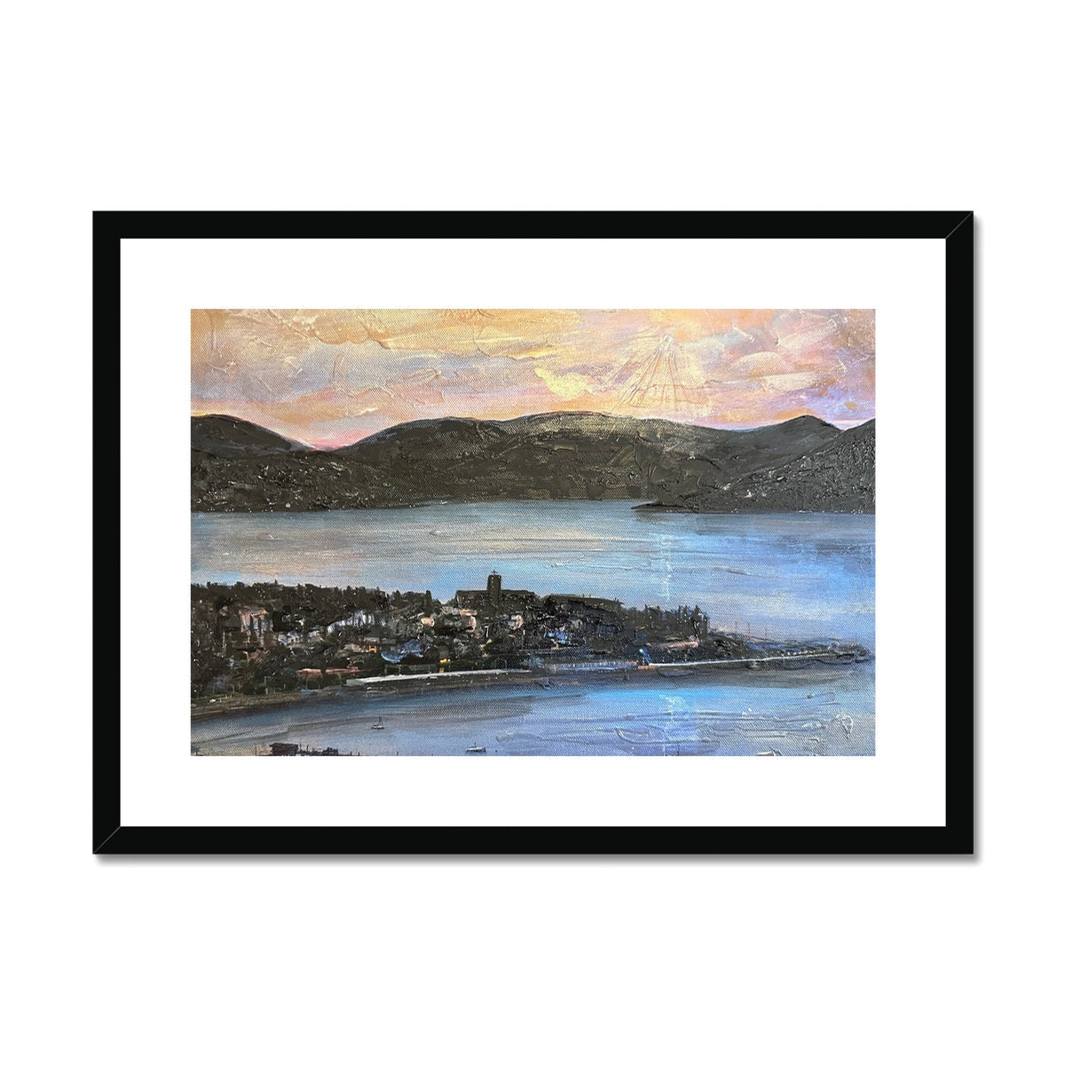 Black framed abstract painting of a coastal town at dusk from Lyle Hill print