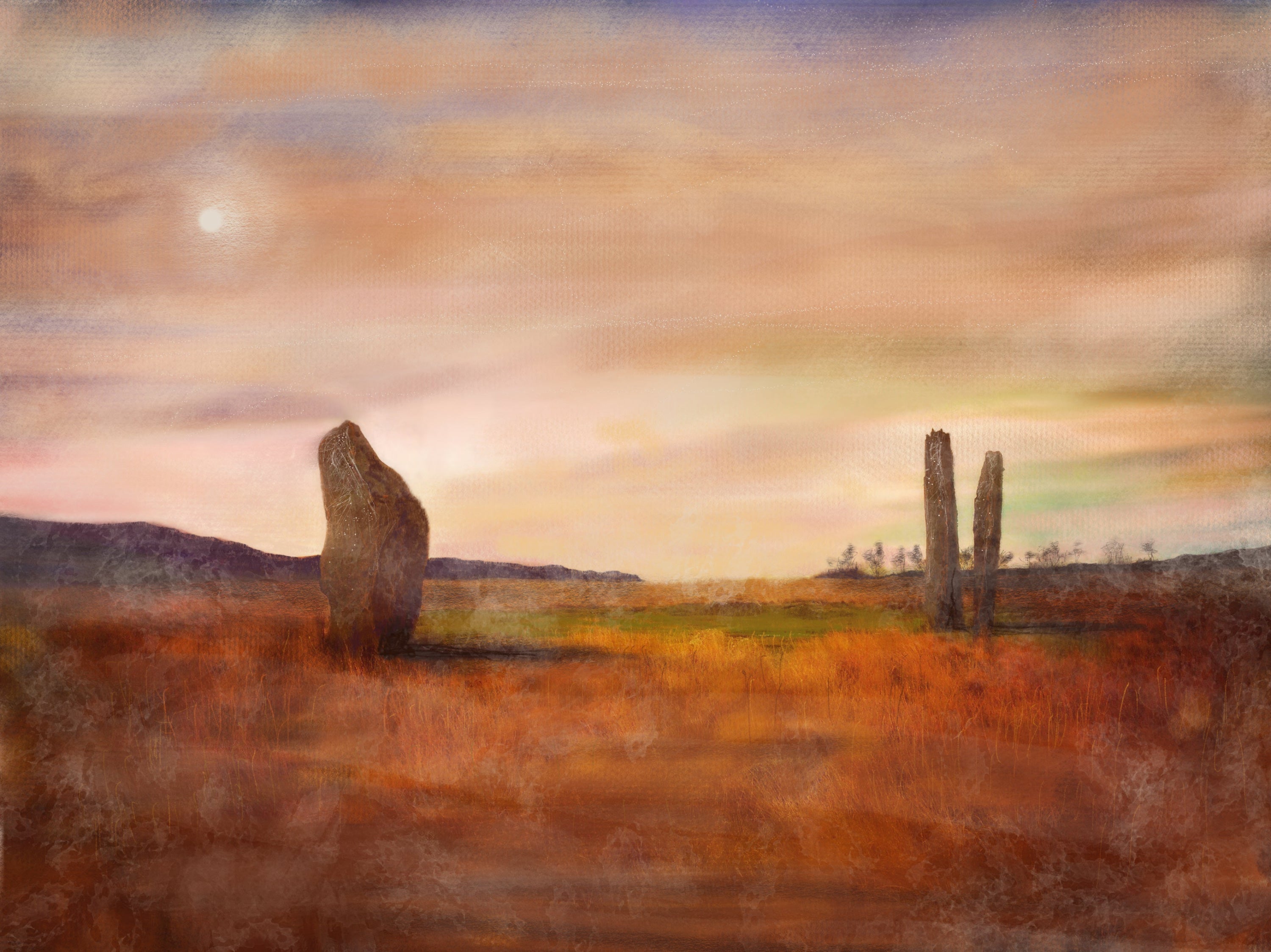 Standing stones in a field depicted in Machrie Moor Moonlight Original Painting