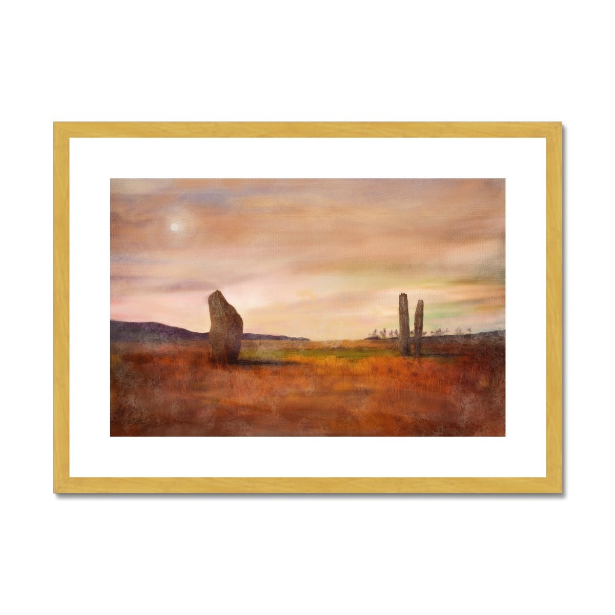Machrie Moor Moonlight Painting | Antique Framed & Mounted Prints From Scotland-Antique Framed & Mounted Prints-Arran Art Gallery-A2 Landscape-Gold Frame-Paintings, Prints, Homeware, Art Gifts From Scotland By Scottish Artist Kevin Hunter