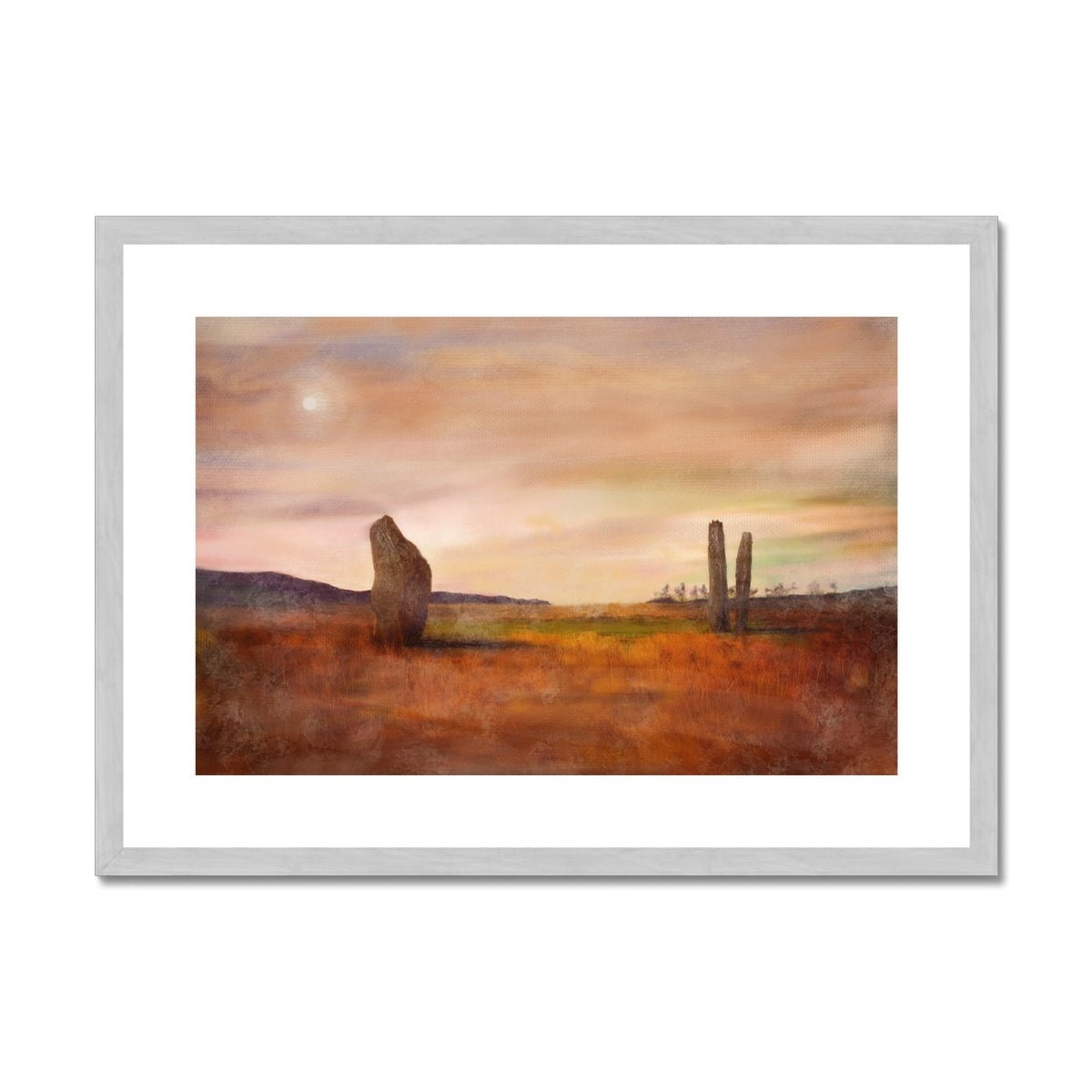 Machrie Moor Moonlight Painting | Antique Framed & Mounted Prints From Scotland-Antique Framed & Mounted Prints-Arran Art Gallery-A2 Landscape-Silver Frame-Paintings, Prints, Homeware, Art Gifts From Scotland By Scottish Artist Kevin Hunter