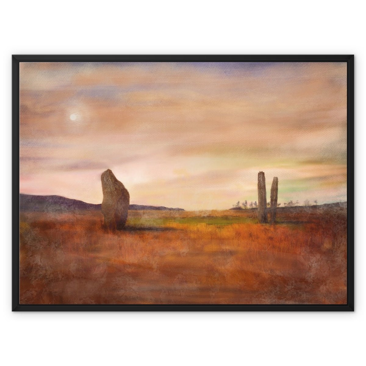 Machrie Moor Moonlight Painting | Framed Canvas From Scotland-Floating Framed Canvas Prints-Arran Art Gallery-32"x24"-Black Frame-Paintings, Prints, Homeware, Art Gifts From Scotland By Scottish Artist Kevin Hunter