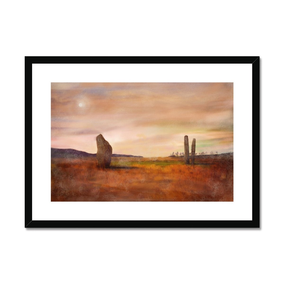 Machrie Moor Moonlight Painting | Framed & Mounted Prints From Scotland-Framed & Mounted Prints-Arran Art Gallery-A2 Landscape-Black Frame-Paintings, Prints, Homeware, Art Gifts From Scotland By Scottish Artist Kevin Hunter