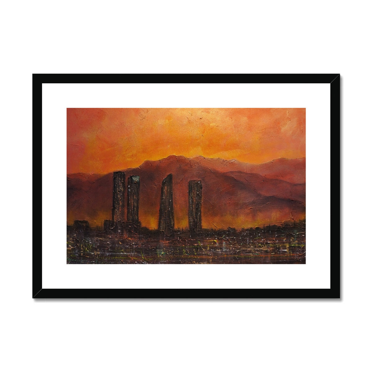 Madrid Dusk framed print: black-framed cityscape with tall buildings and mountains