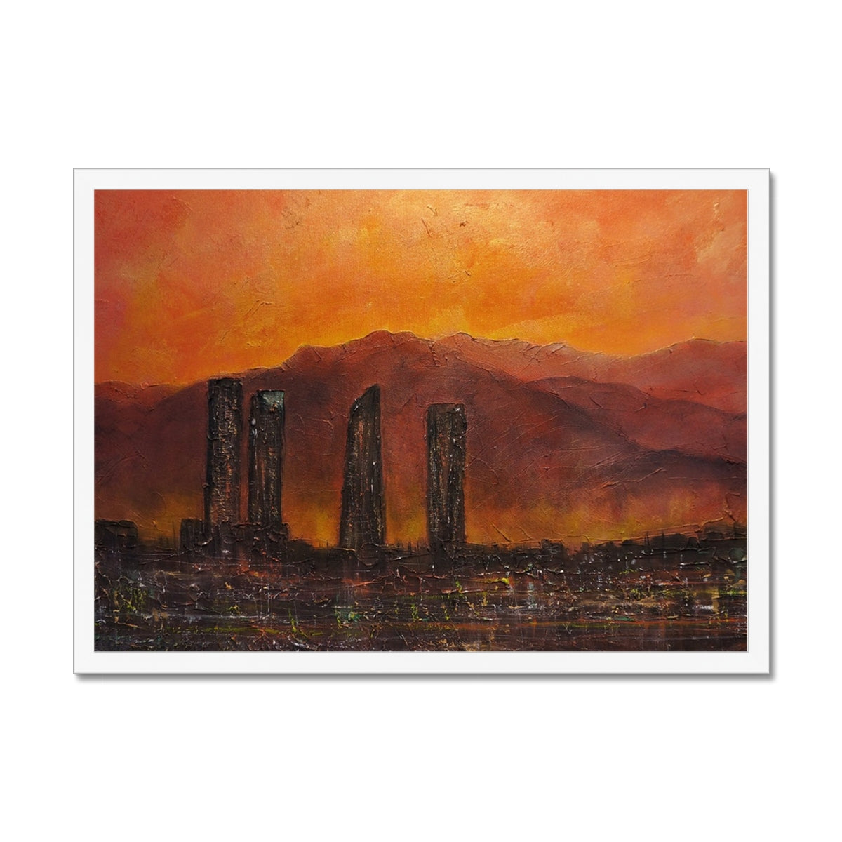 Madrid Dusk Painting | Framed Prints From Scotland-Framed Prints-World Art Gallery-A2 Landscape-White Frame-Paintings, Prints, Homeware, Art Gifts From Scotland By Scottish Artist Kevin Hunter