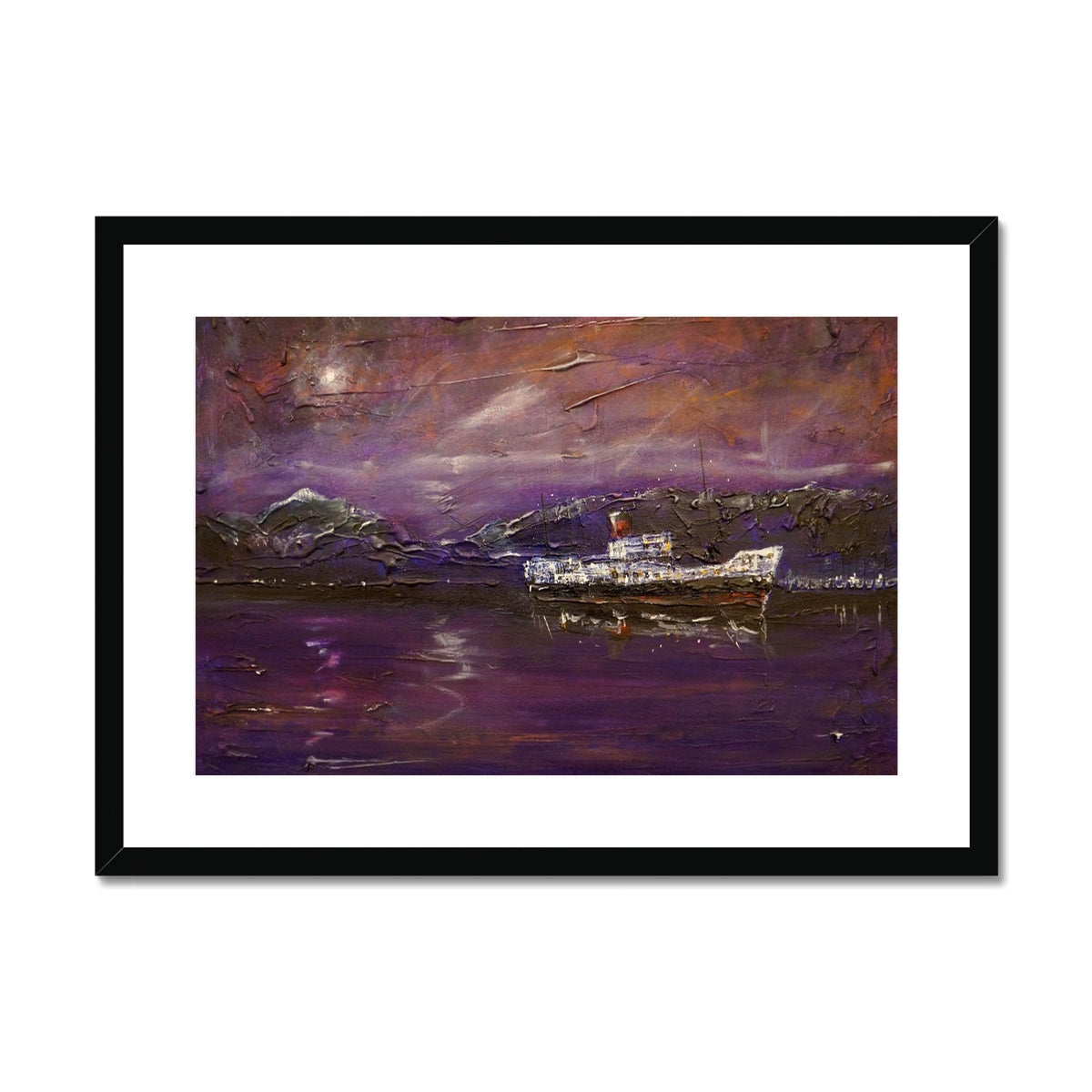 Purple and white Maid of the Loch moonlight boat painting in black frame