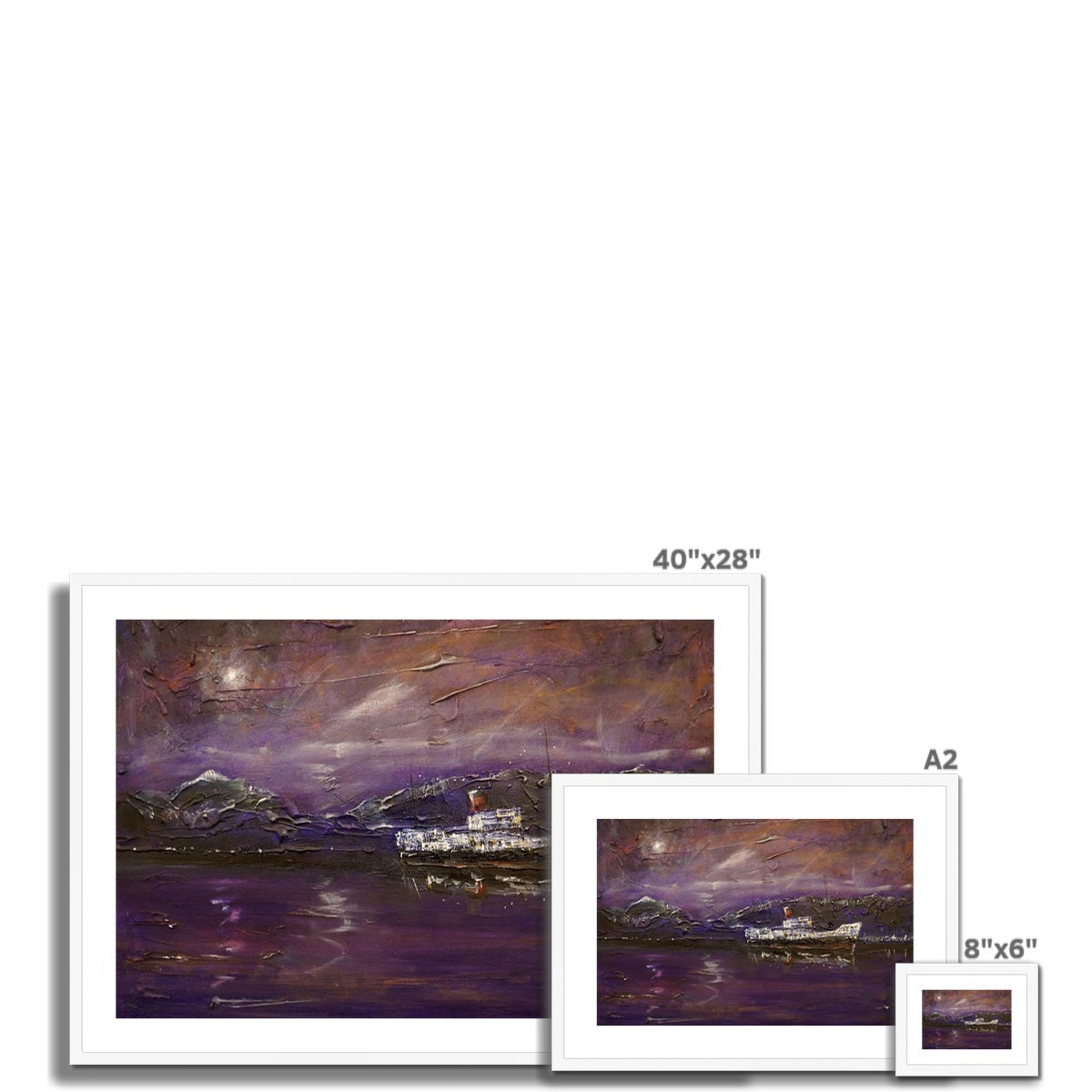 40x28 inch framed Maid Of The Loch Moonlight landscape painting in white frame with purple and brown hues