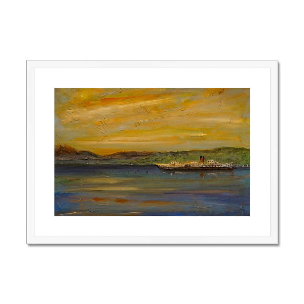 Maid of the Loch sunset harbor scene art print with steamship silhouette