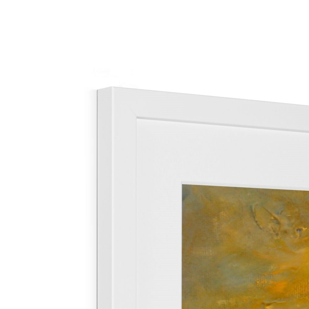 White-framed abstract Maid of the Loch Sunset print in golden earthy tones