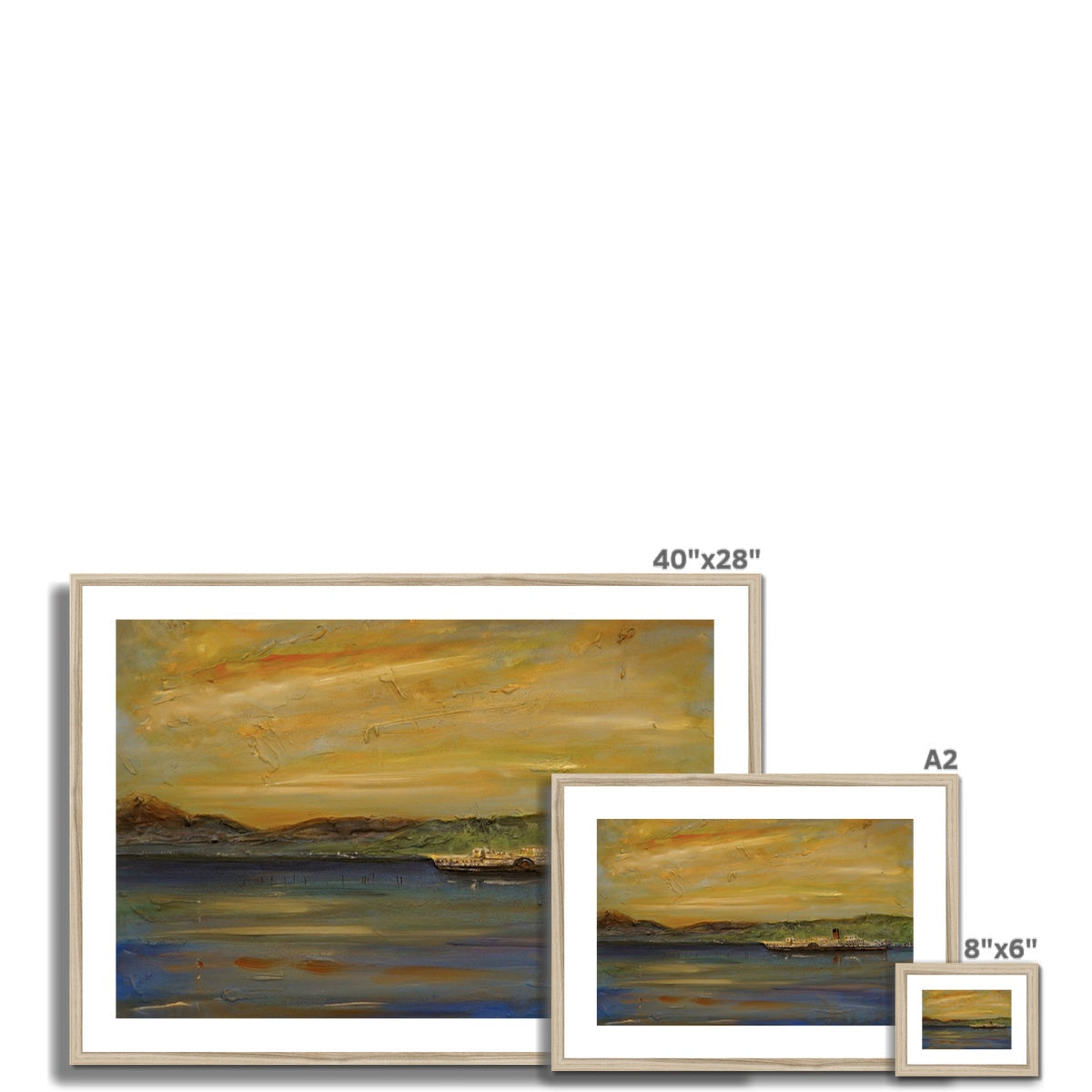 Framed Maid of the Loch sunset abstract art print with golden skies and ship