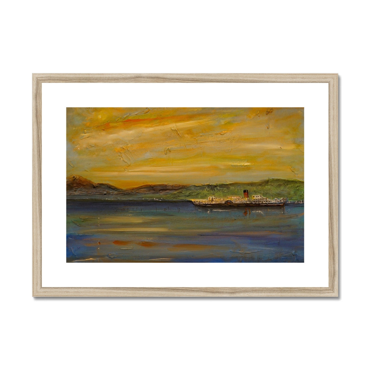 Maid of the Loch sunset art print in light wood frame