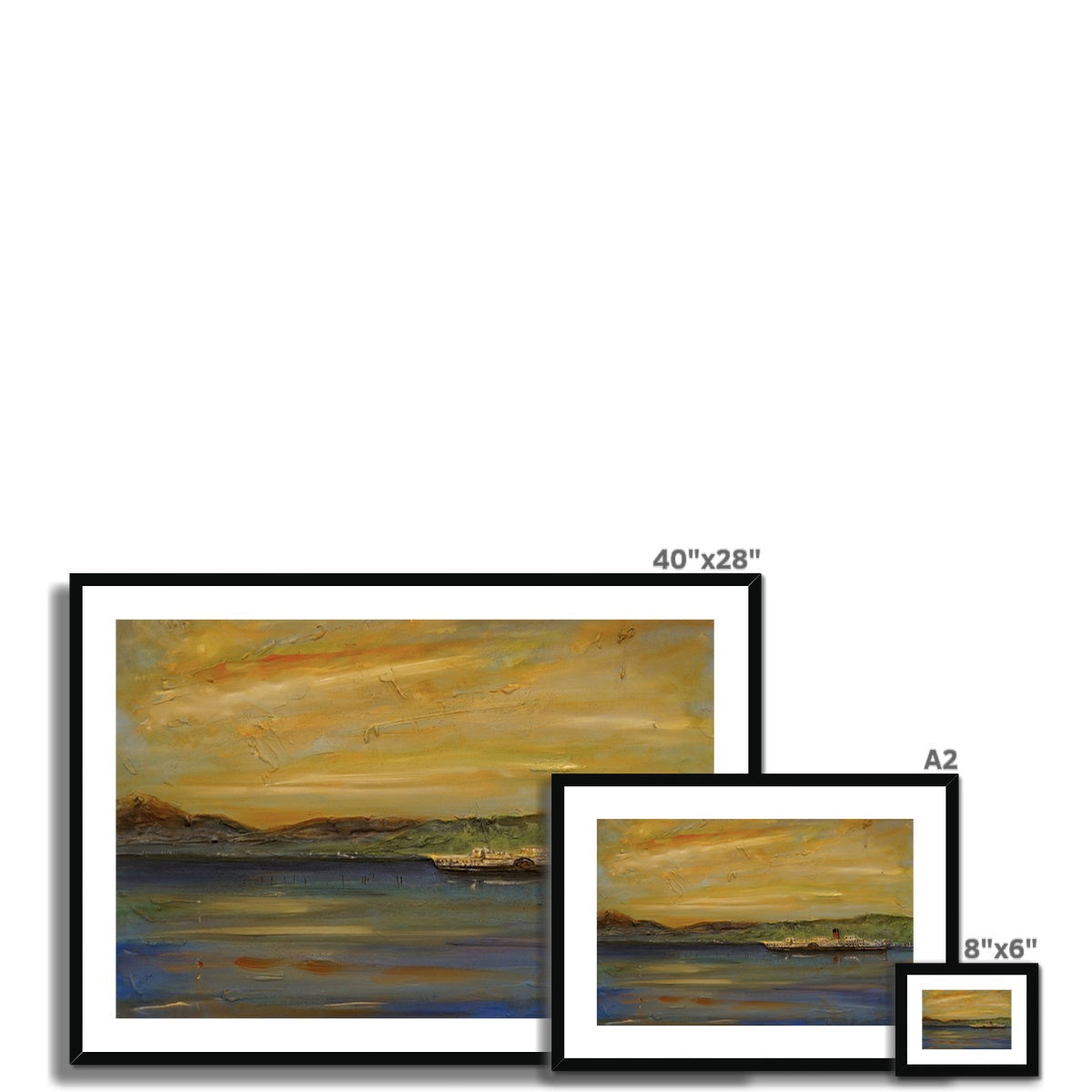 Maid of the Loch sunset oil painting in black frame