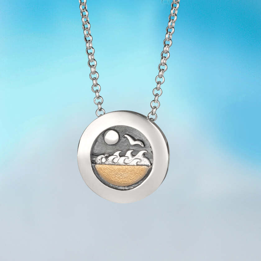 Silver Making Waves pendant necklace by Alan Ardiff Jewellery with engraved beach scene