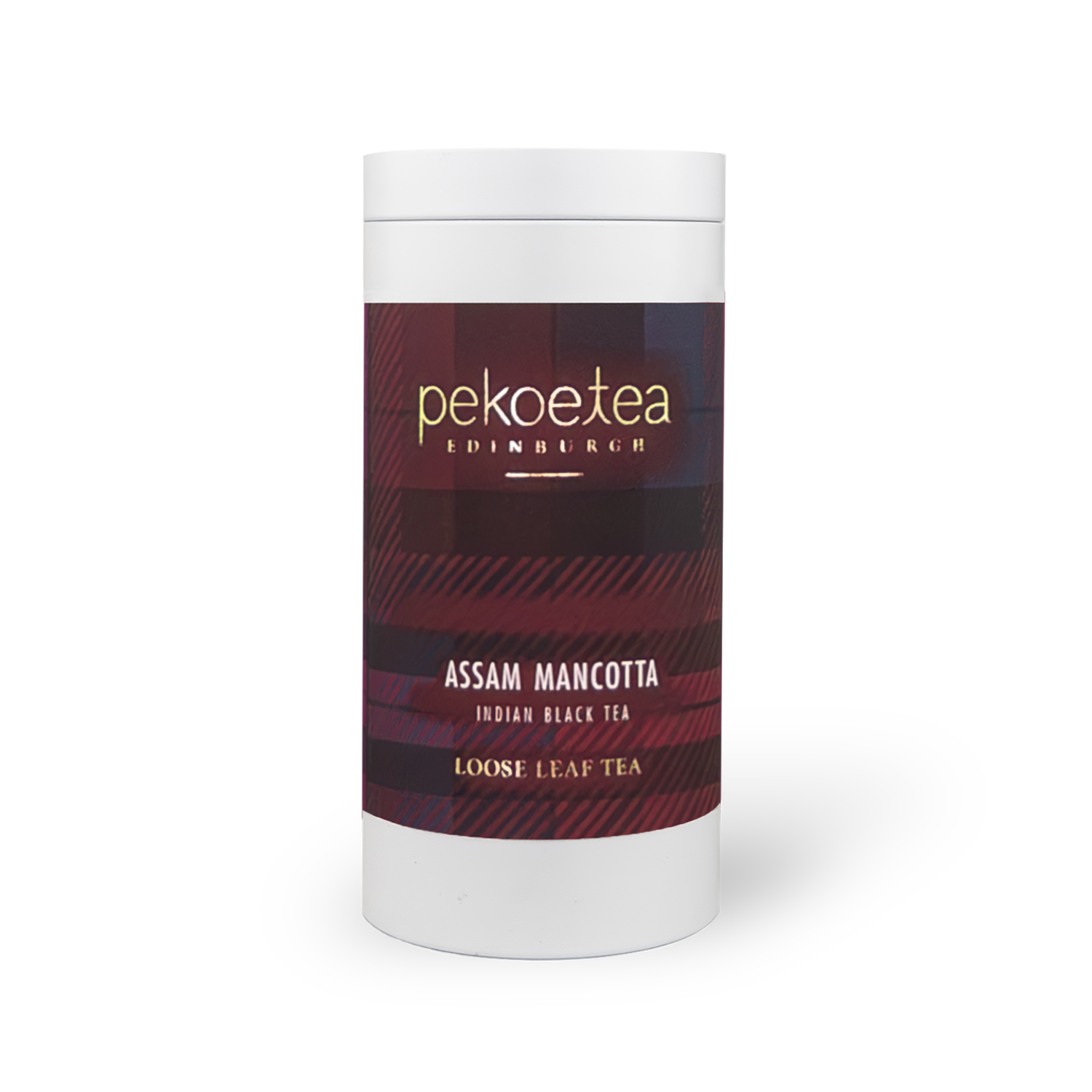 Mancotta Assam pekoe tea Edinburghs white cylindrical container with maroon label