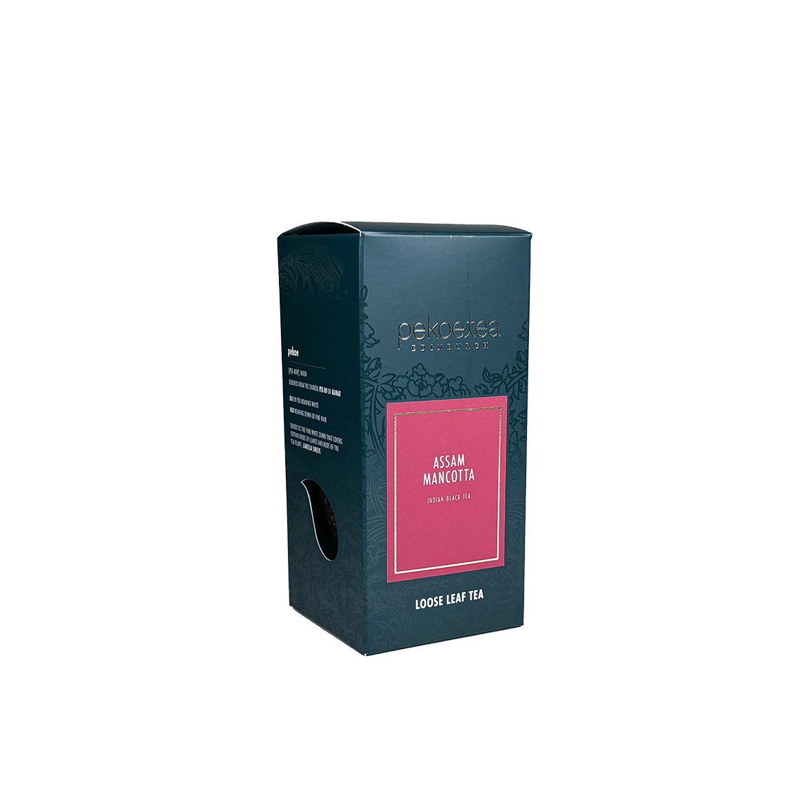 Mancotta Assam pekoe loose leaf tea in dark teal box with pink label