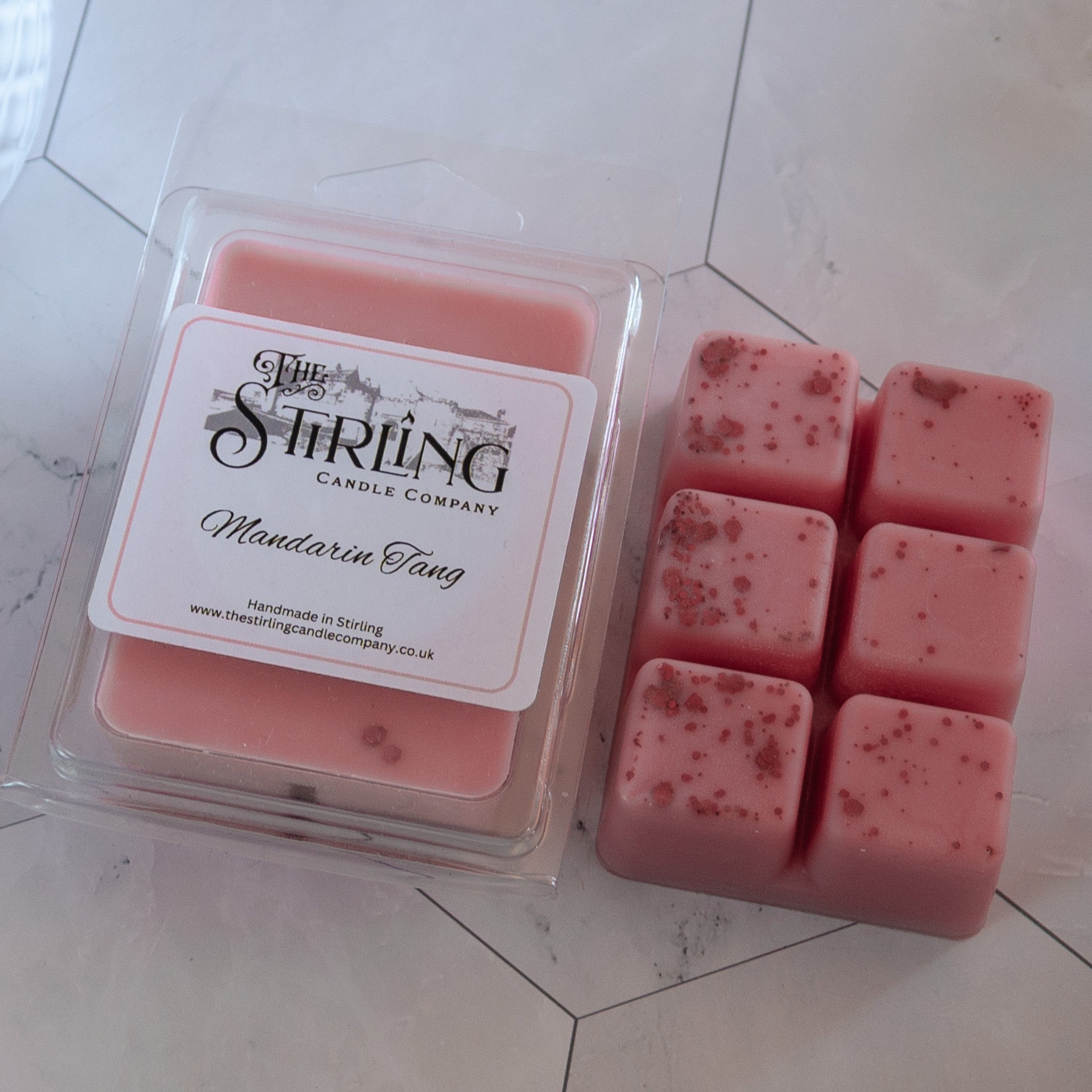 Pink Mandarin Tang wax melts in clamshell tray by Stirling Candle Company