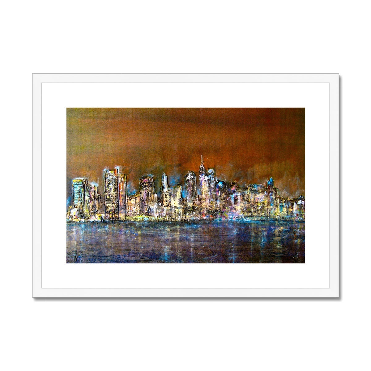White framed Manhattan Nights art print with abstract urban skyline