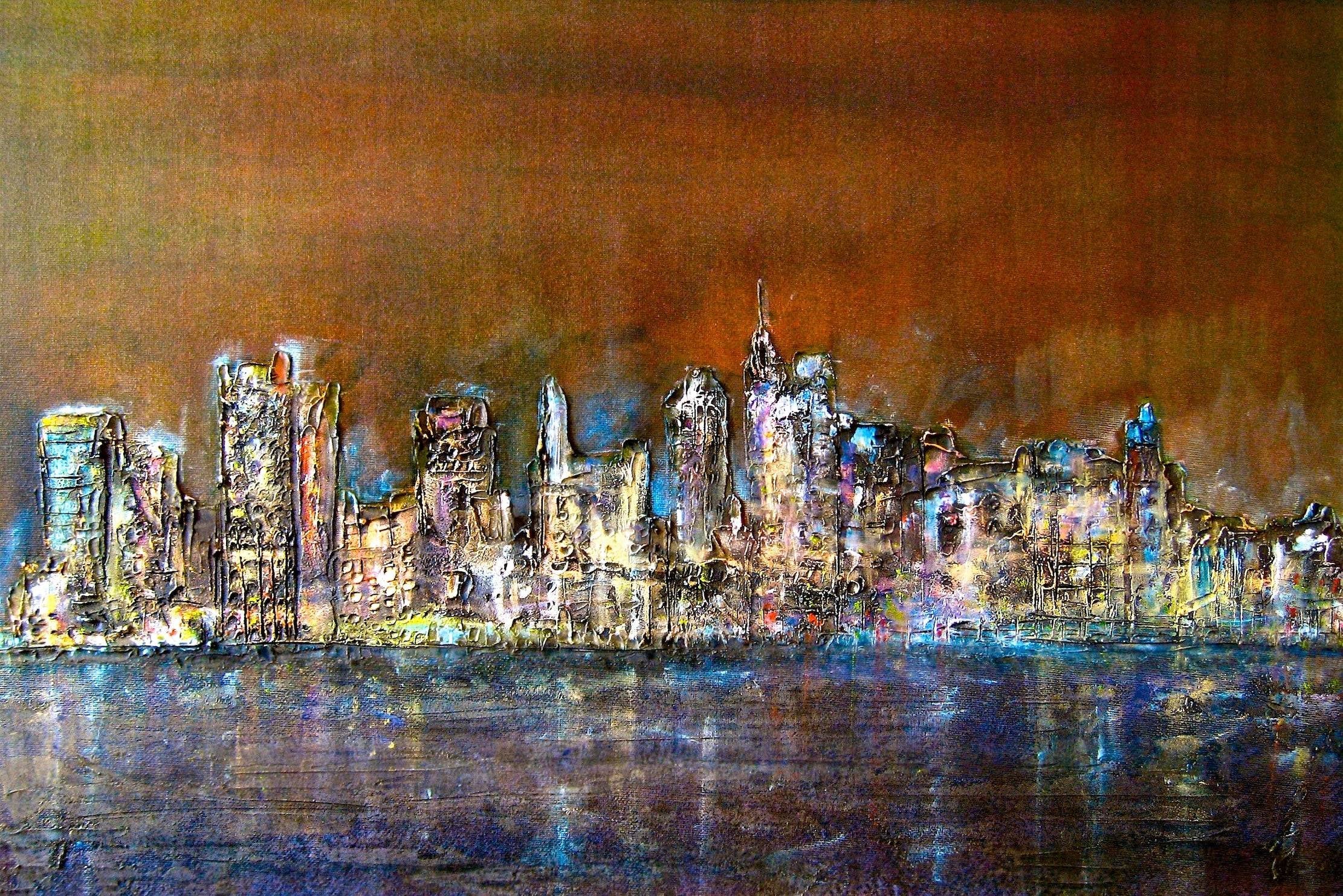 Vibrant painted Manhattan cityscape at night with illuminated buildings reflecting in water