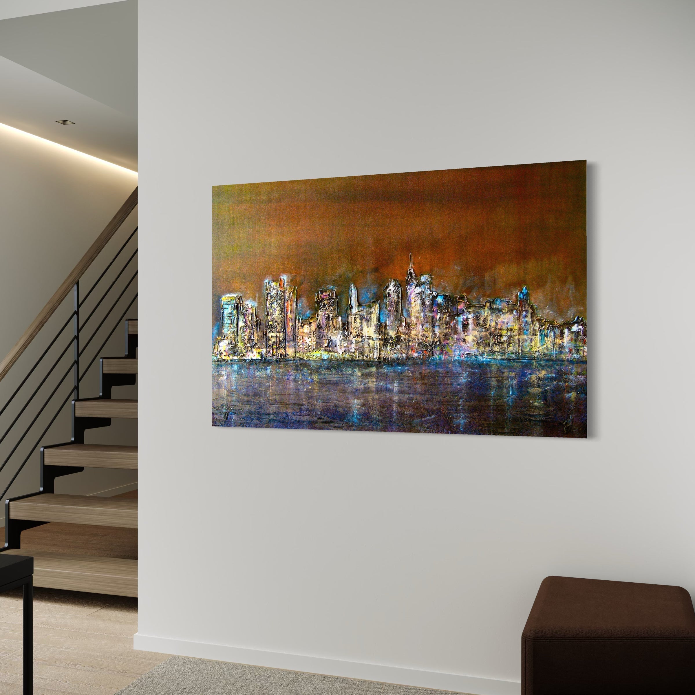 Abstract cityscape painting with vibrant colors and light reflections for Manhattan Nights wall art