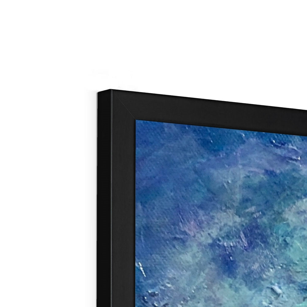 Meg framed print of black-framed abstract painting with swirling blues and teals