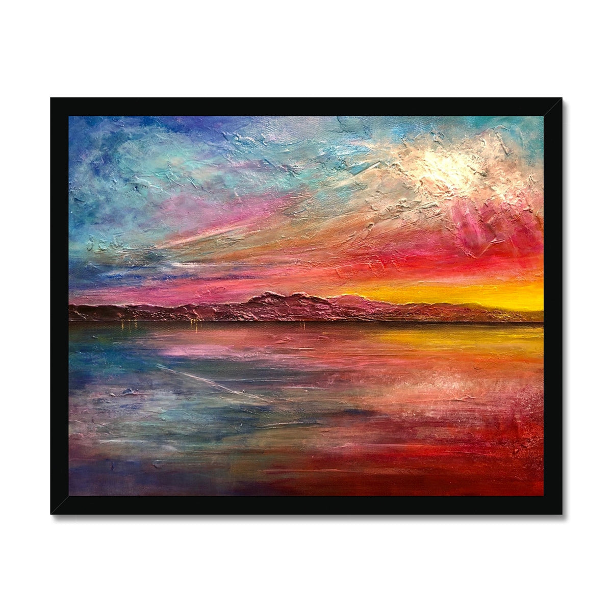 Meg Framed Print: vibrant abstract sunset landscape in black frame