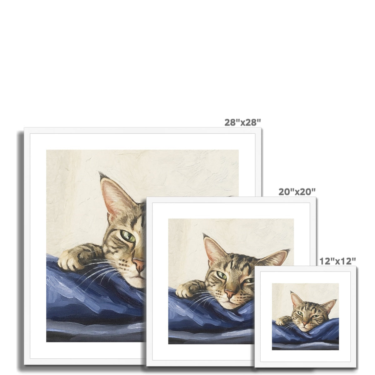 Framed watercolor tabby cat portrait on blue cushion by Mitzi, Scotland UK