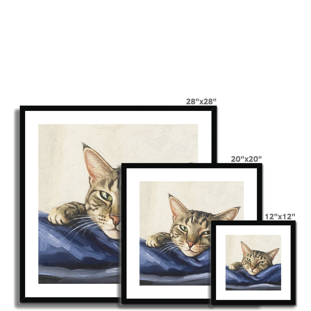 Three framed tabby cat portraits by Mitzi, black frames with white matting