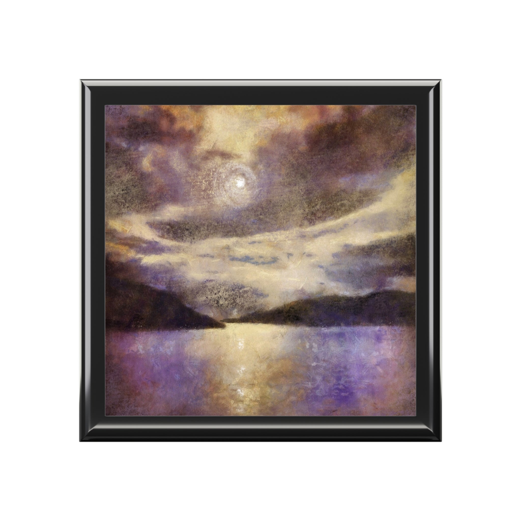 Framed square painting of a moonlit lake with mountains and cloudy skies in Scotland