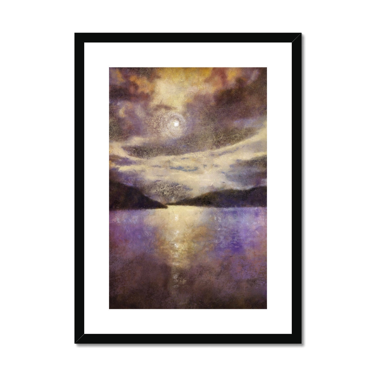 Moonlight Meets Lewis & Harris art print: black frame, purple white abstract with glowing sun