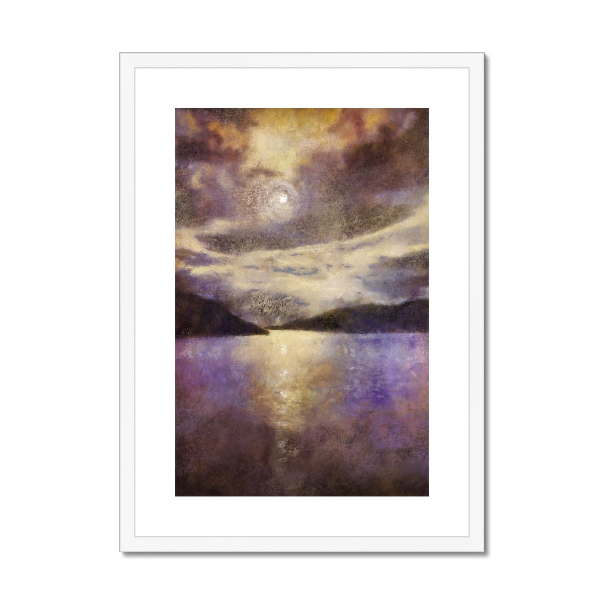 Purple and gold abstract landscape in white frame Moonlight Meets Lewis & Harris print