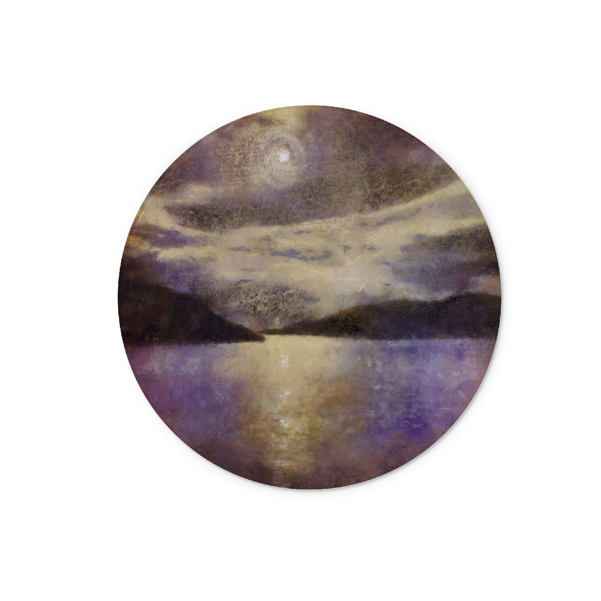 Purple and beige abstract circular art coaster on Moonlight Meets Lewis & Harris Glass Chopping Board
