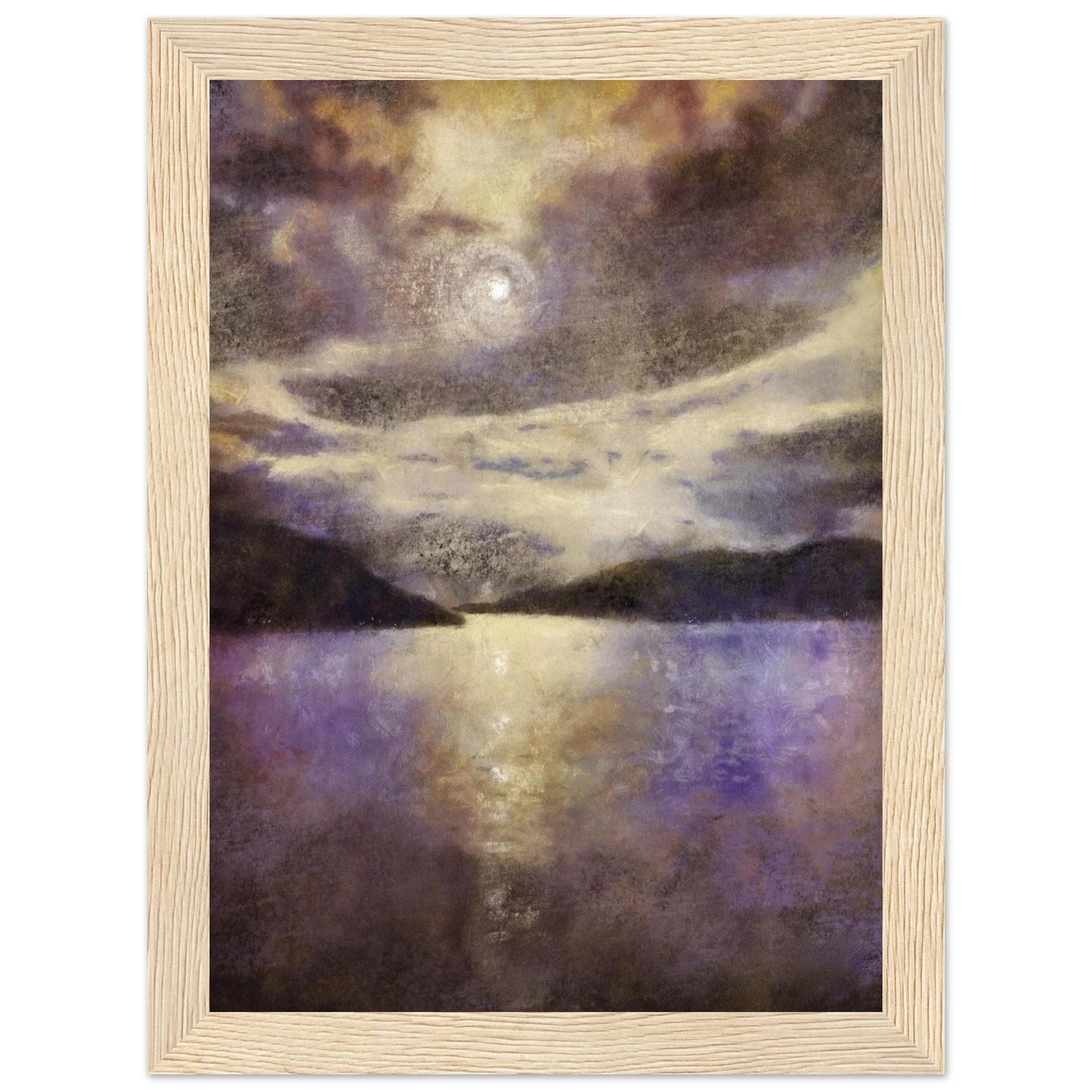 Serene moonlit lake in Lewis & Harris, framed in light wood with purple-gold hues