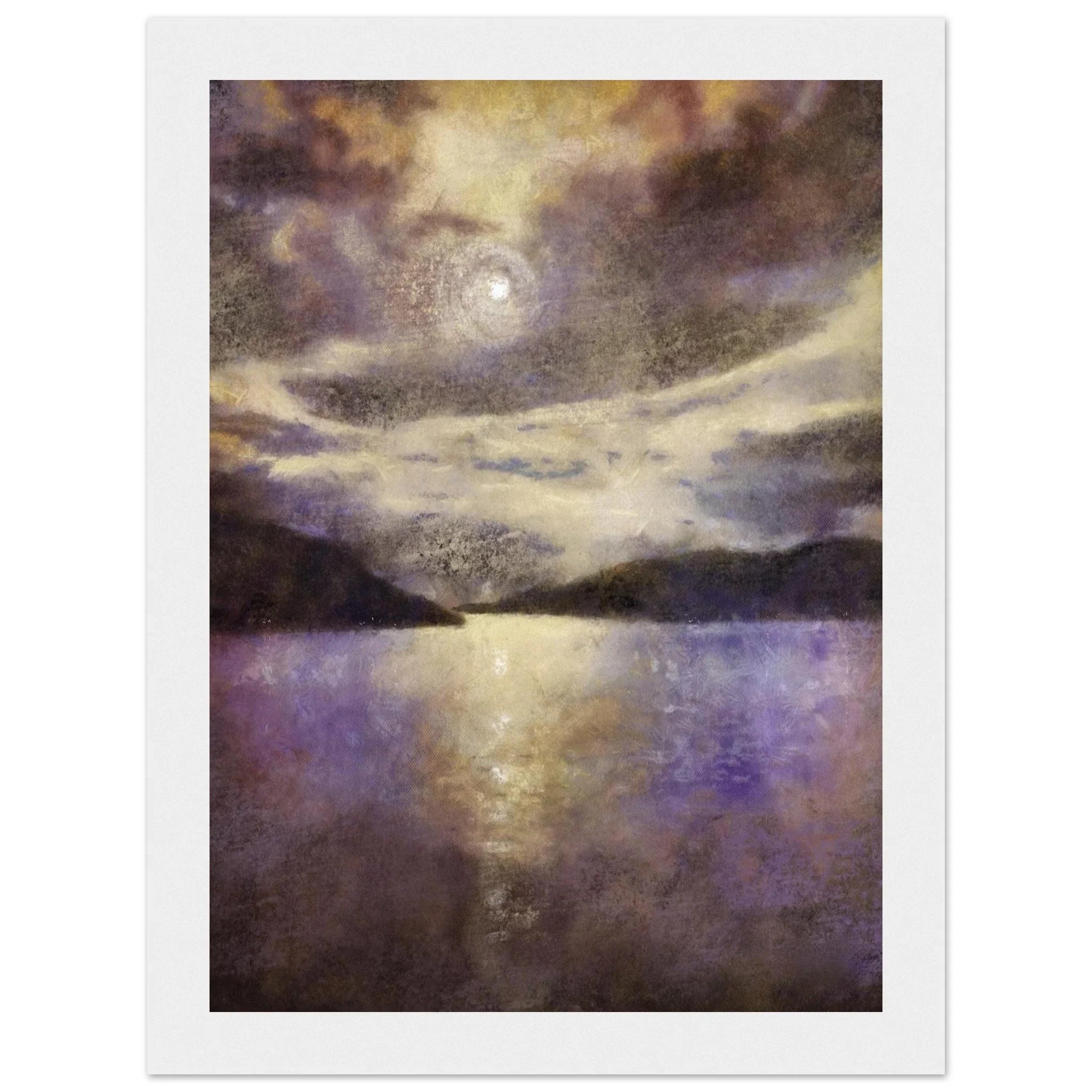 Serene moonlit lake painting in purple and gold hues, Moonlight Meets Lewis & Harris