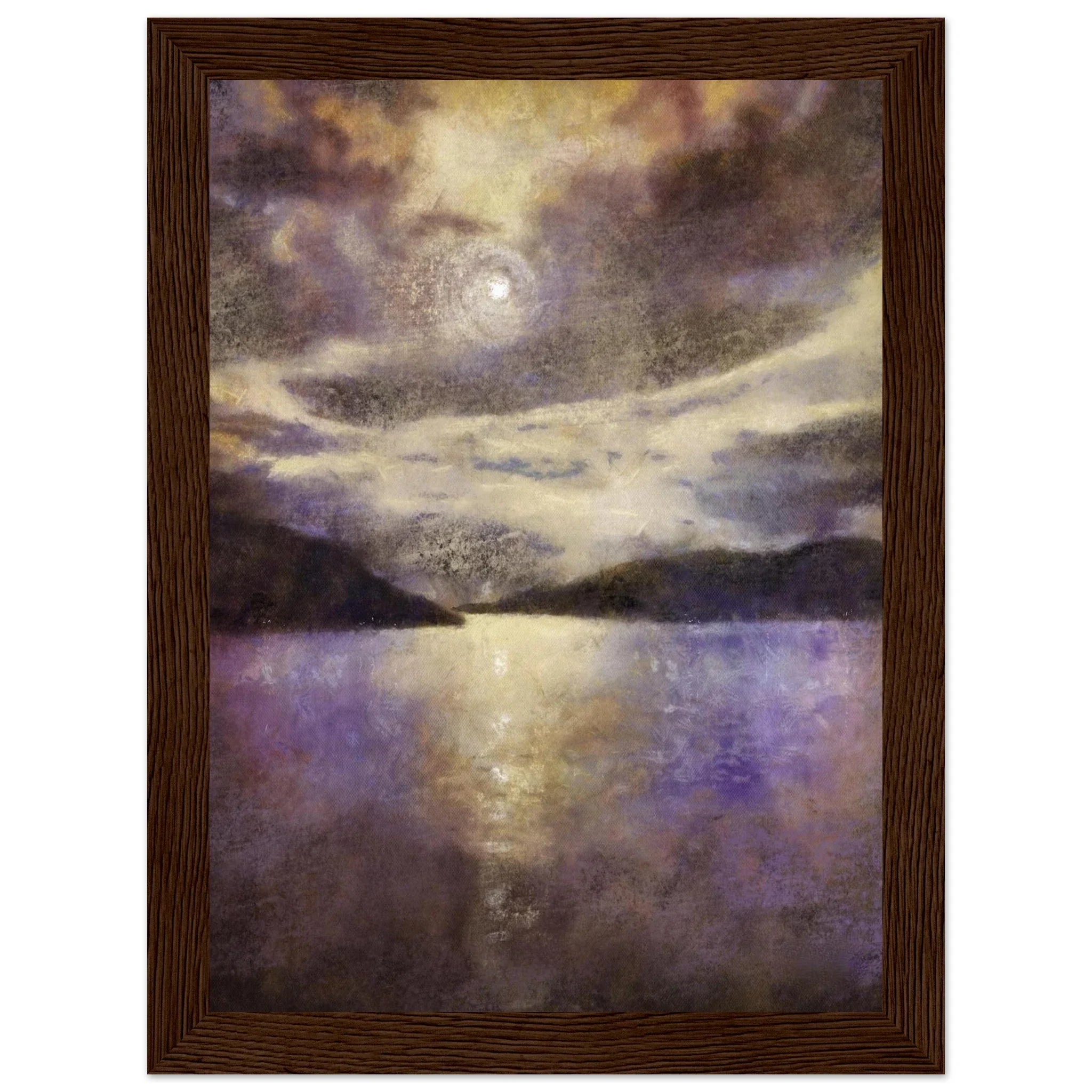 Framed Moonlight Meets Lewis & Harris painting of serene purple-gold lake with silhouetted hills