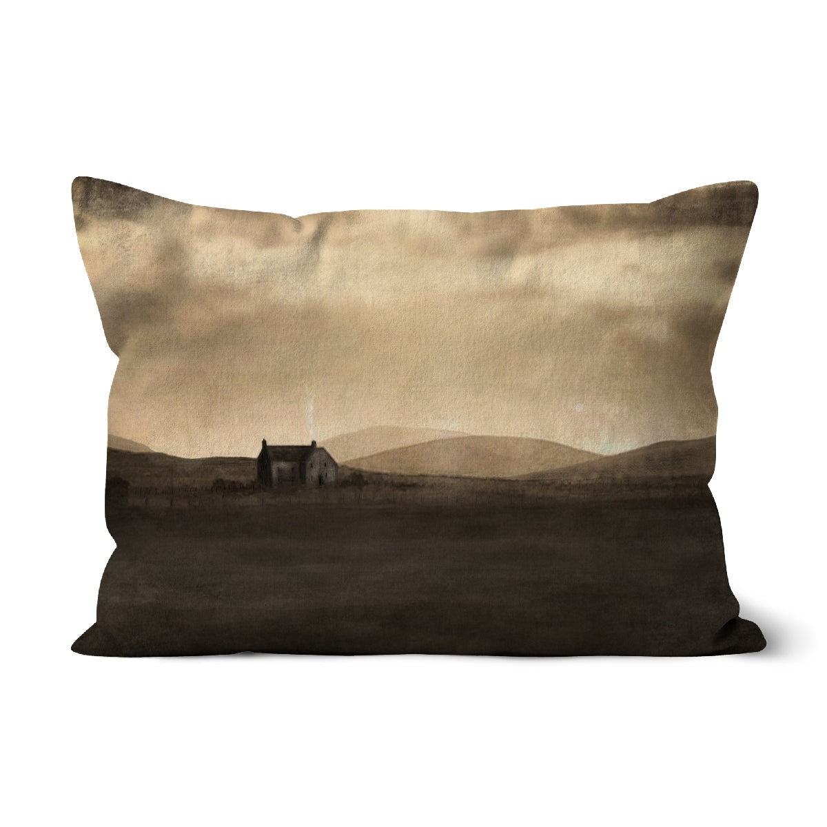 Brown cushion with sepia-toned house and mountains on A Moonlit Croft design