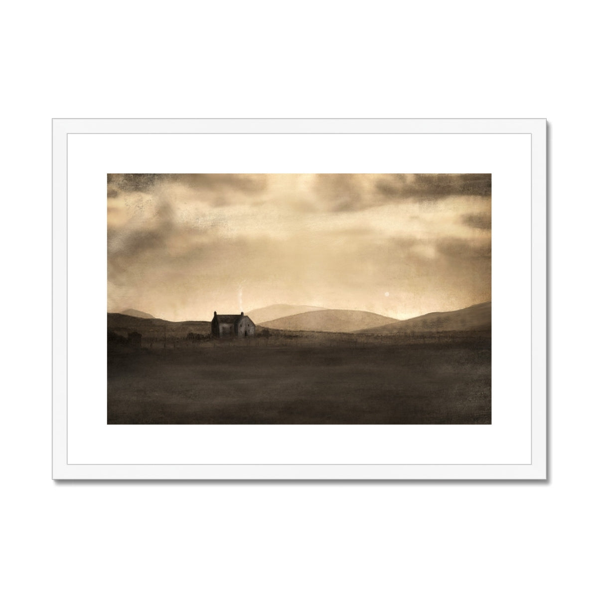 Sepia-toned minimalist house with white frame and black roof in A Moonlit Croft Art Print