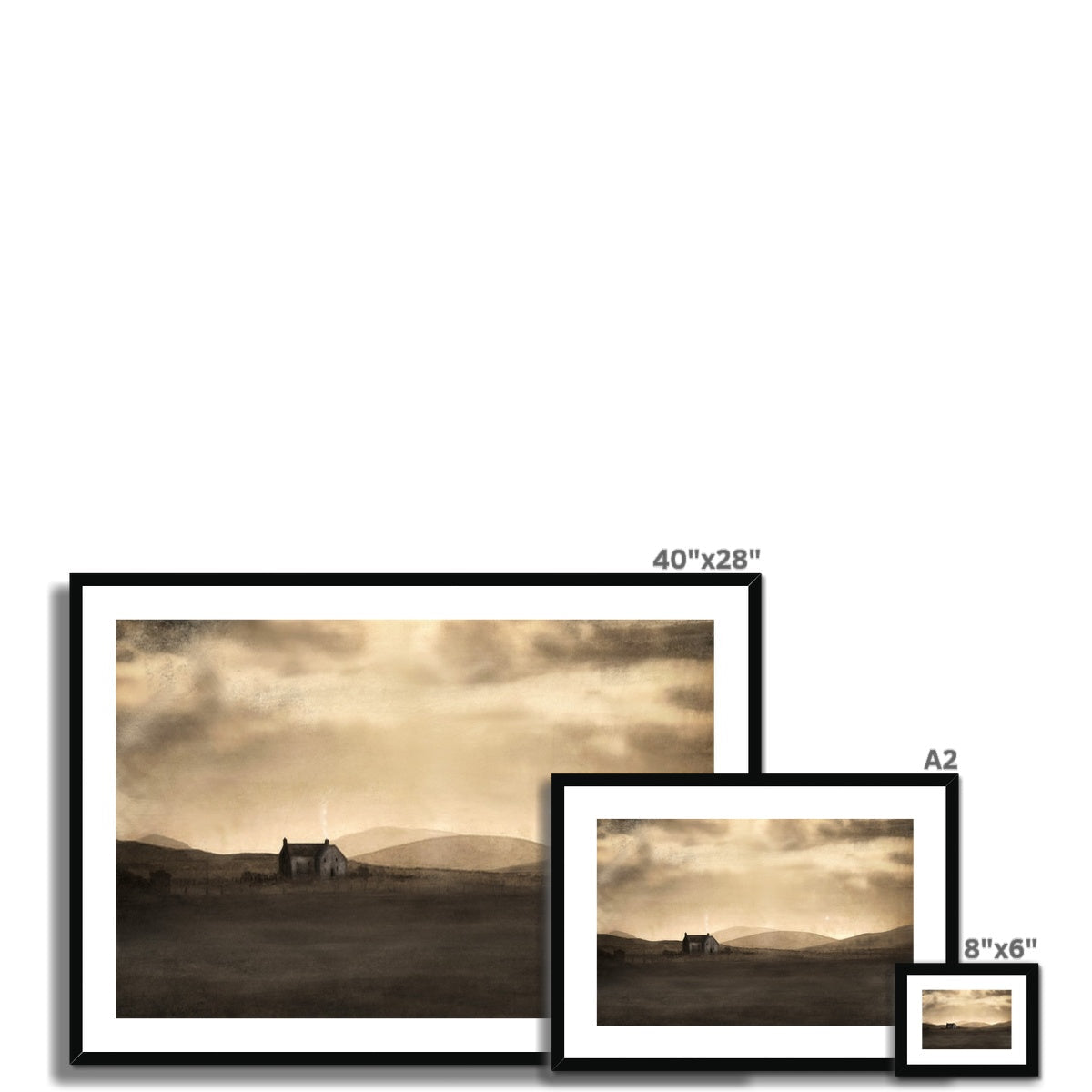 Sepia-toned 40x28 inch moonlit croft landscape print in black frame