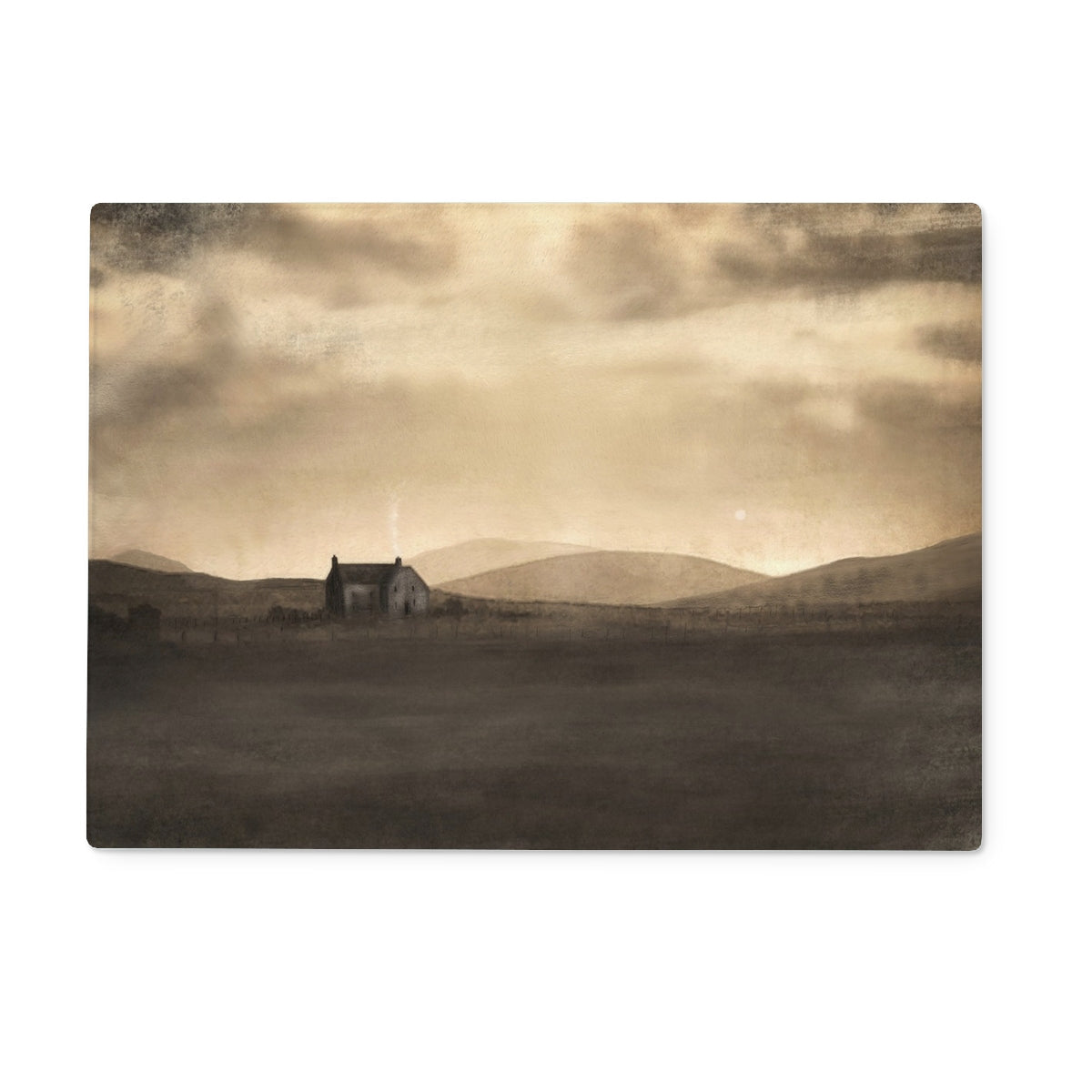 Brown house painting on canvas, moonlit croft glass chopping board