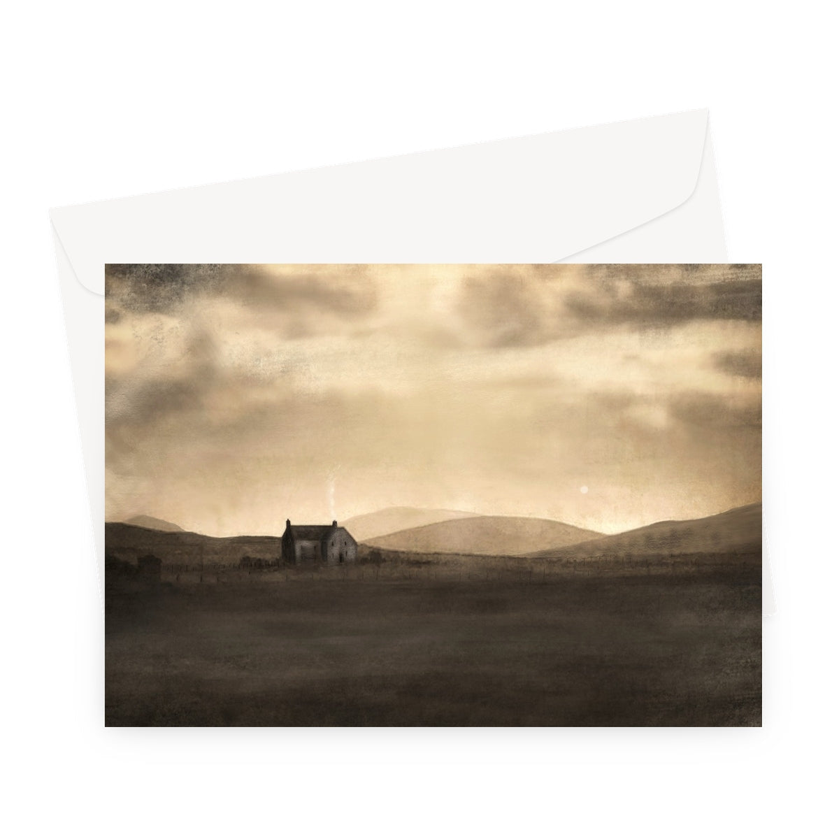 Sepia-toned rural landscape greeting card with house and hills
