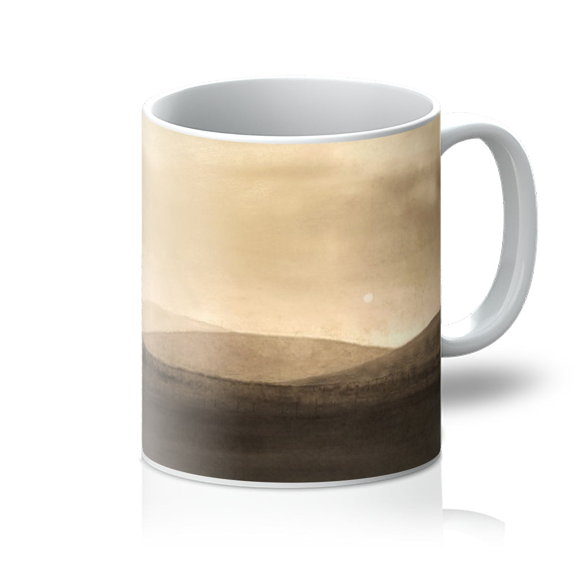 A Moonlit Croft ceramic mug with abstract desert landscape in beige and brown tones
