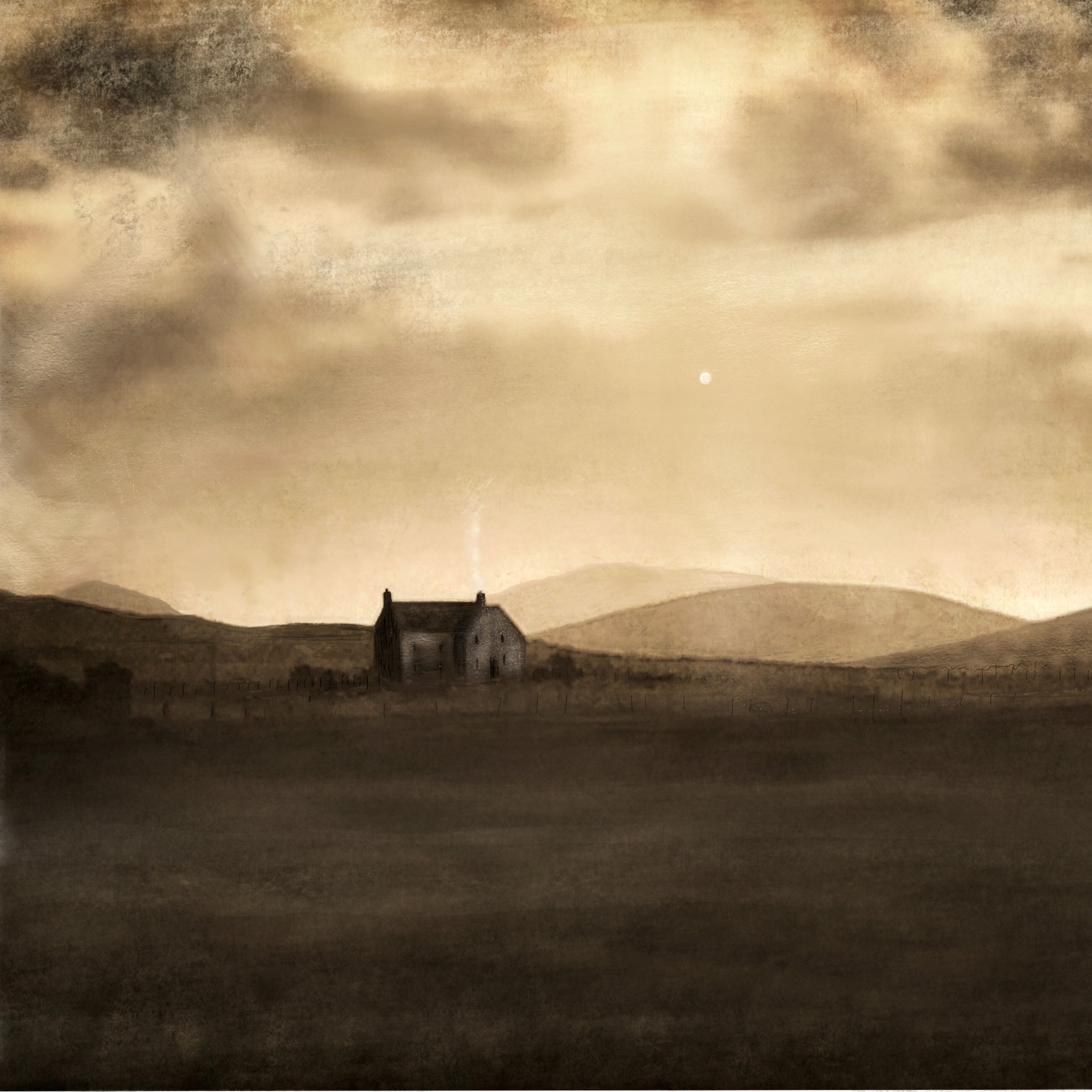 Rustic solitary house in open Scottish landscape at night for A Moonlit Croft product