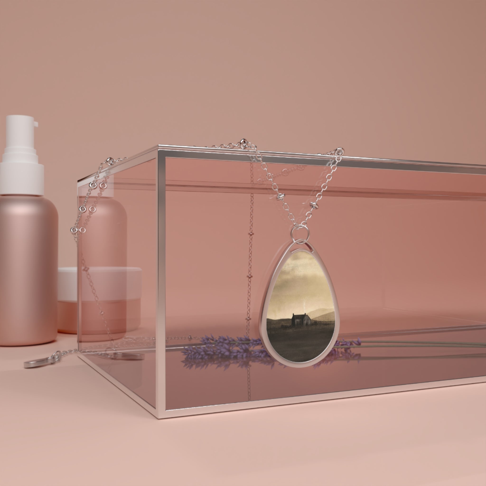 Silver chain necklace with teardrop landscape pendant from A Moonlit Croft Scottish Art Jewellery