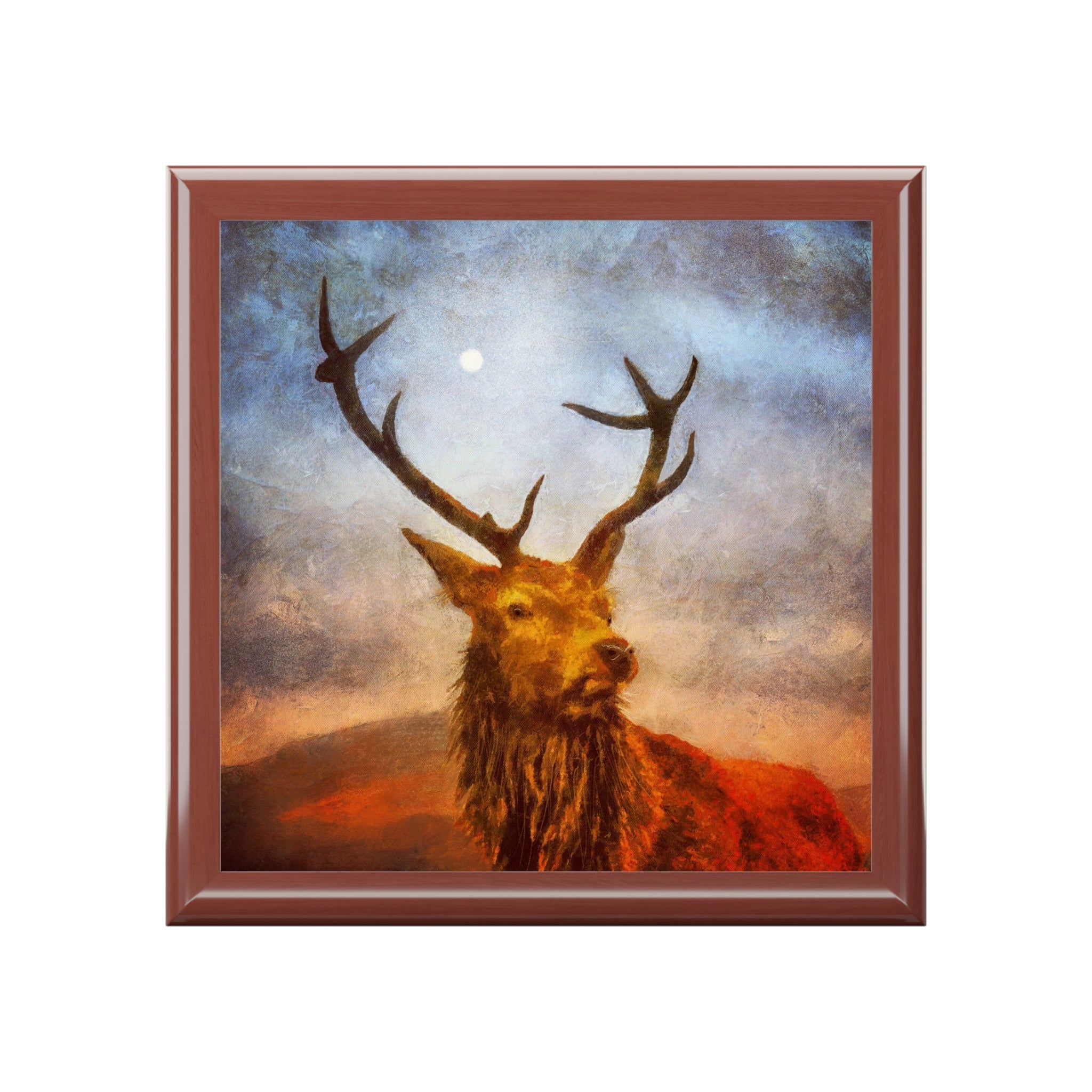 Framed painting of a stag under a moonlit sky on Scotland art jewellery box