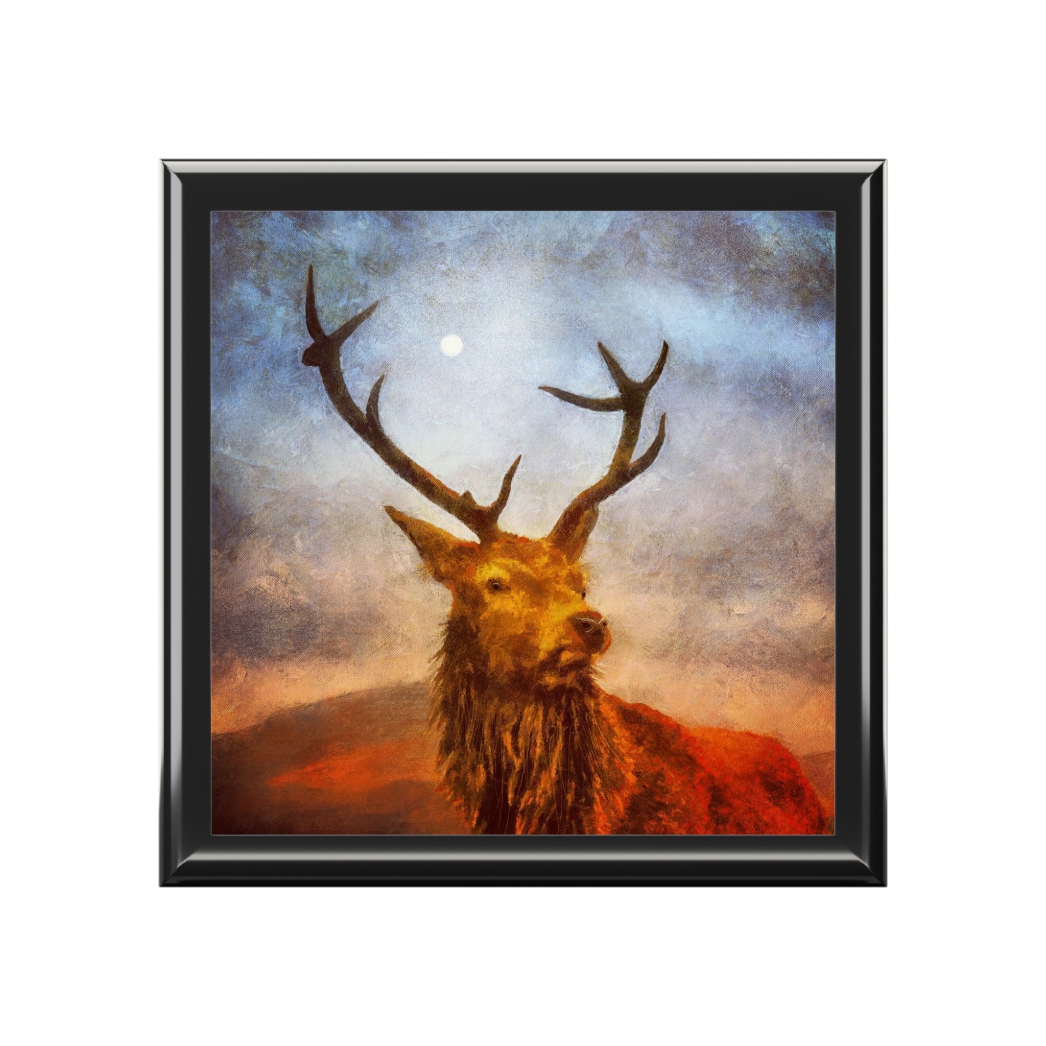 Framed painting of a stag with large antlers under a full moon in Scotland art jewellery box