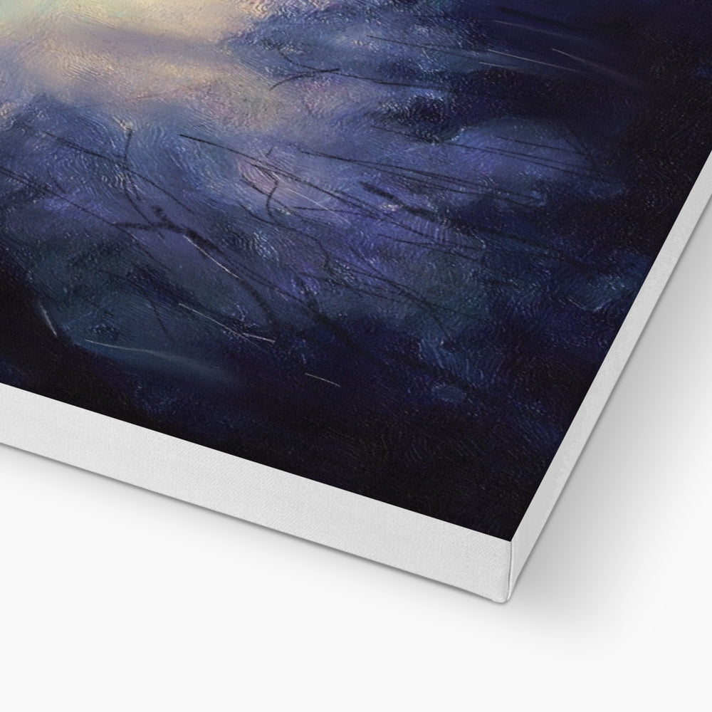 Moonlit Highland Wood canvas print with abstract dark blue black waves
