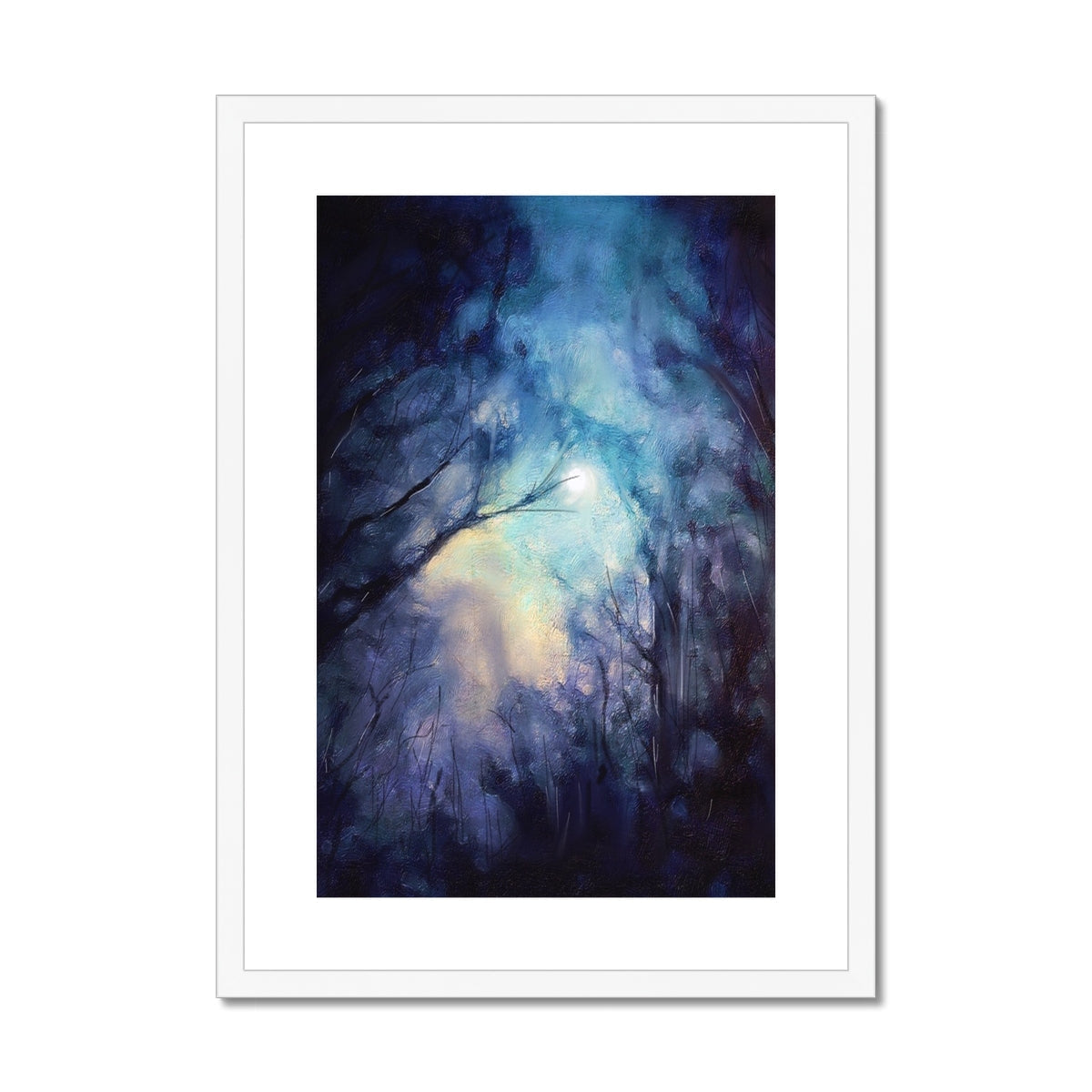 Blue and white abstract moonlit highland wood art print with branches