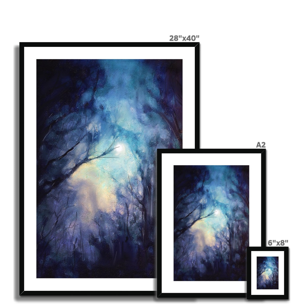 28x40 Framed Moonlit Highland Wood Art Print Black Frame White Mat