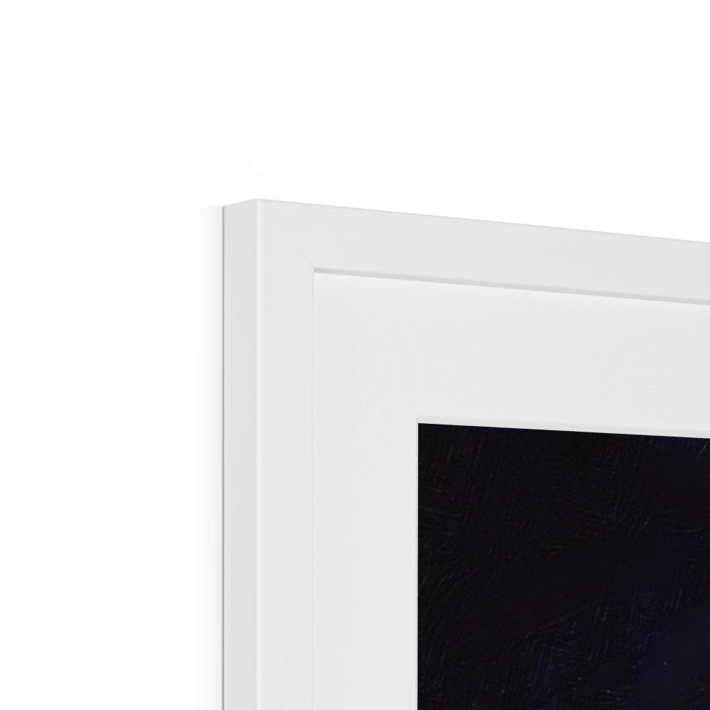 White modern fireplace mantel with black glass insert and moonlit highland wood art