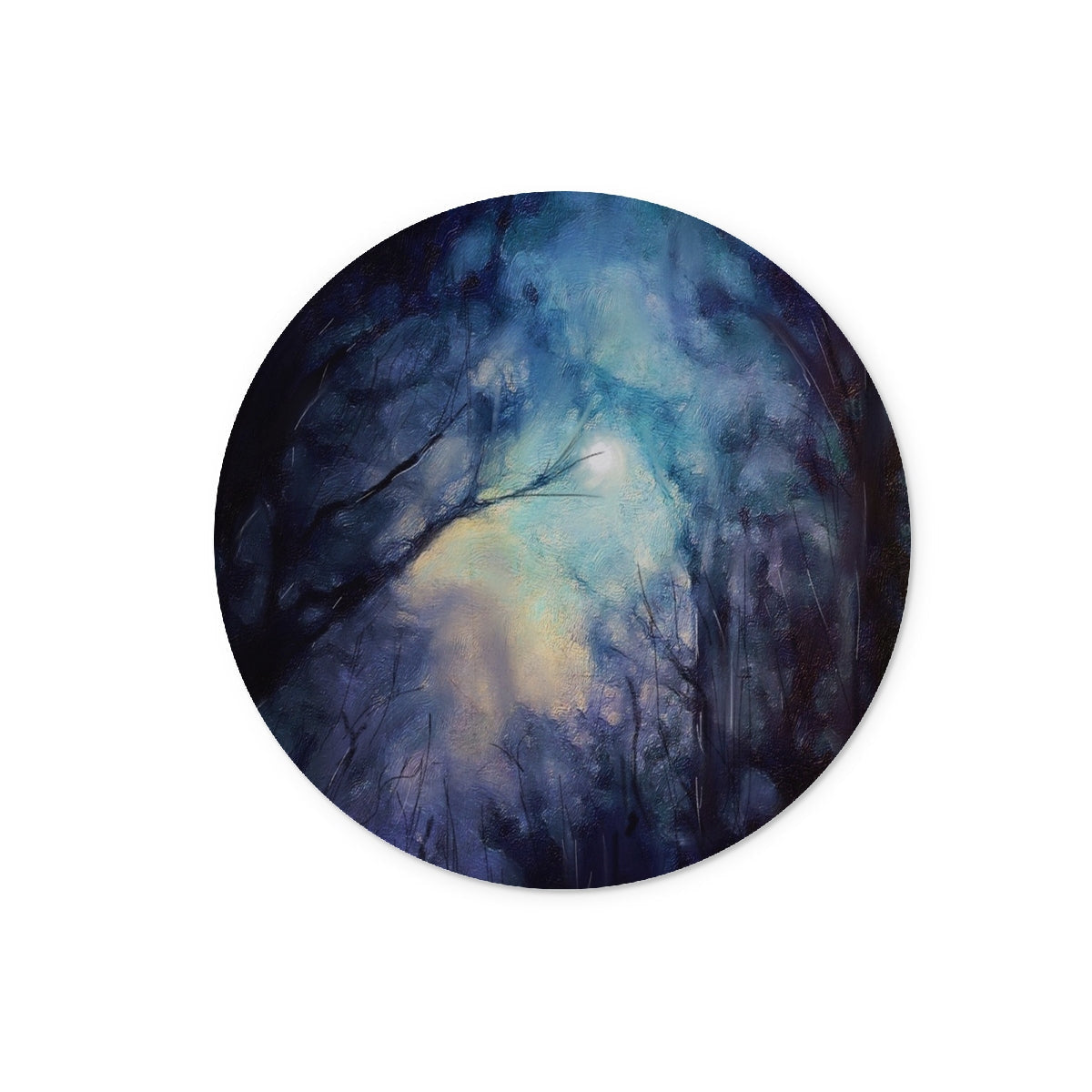 Round dark forest sticker with ethereal portal glow on Moonlit Highland Wood board