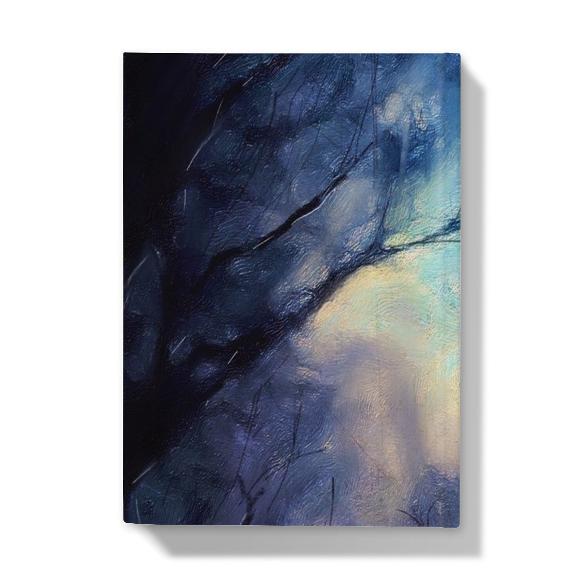 Abstract tree canvas print in dark blue black tones on Moonlit Highland Wood journal