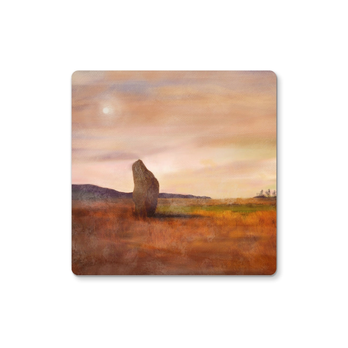 Moonlit Machrie Moor square coaster with solitary standing stone at sunset